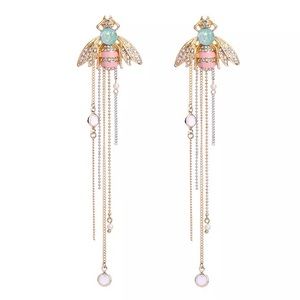 Bee dangle earrings bohemian wings boho insect bumblebee pink gold blue cottage
